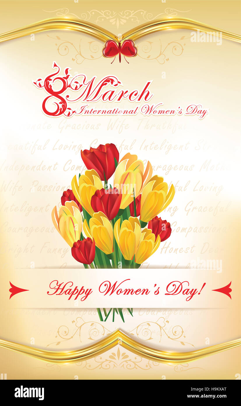 8 Marzo - Giornata internazionale della donna biglietto di auguri con fiori: crocus fiori e tulipani. Formato personalizzato di una cartolina postale. Stampare colo Foto Stock