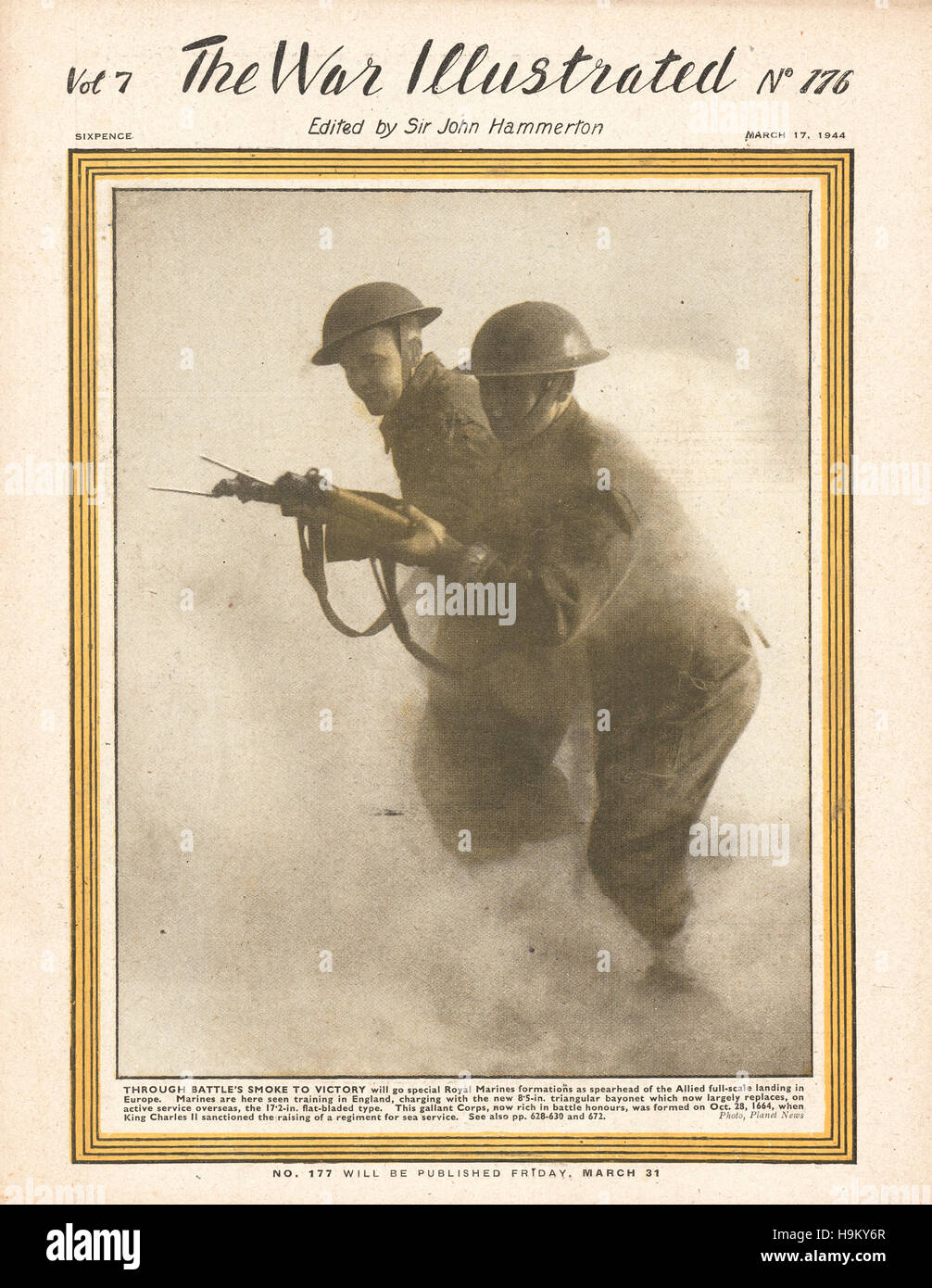 1944 Guerra illustrato Royal Marines in formazione Foto Stock