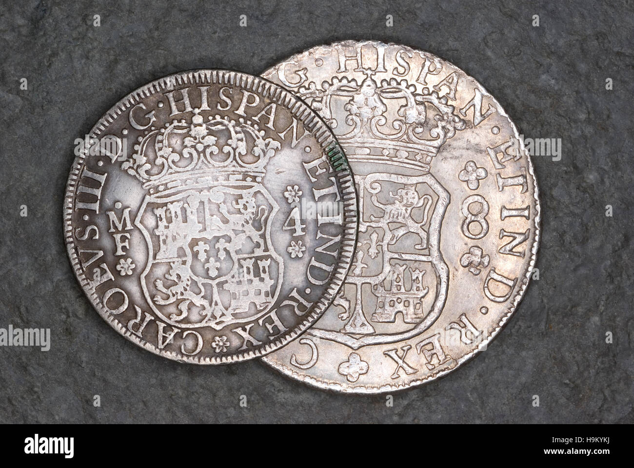 4 e 8 moneta reale di re Carlo III di Spagna Foto Stock
