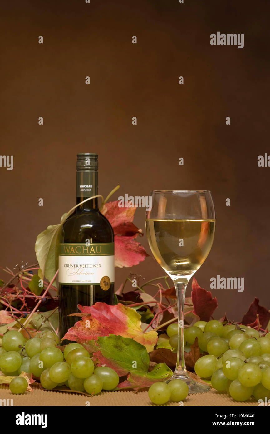 Vino bianco, foglie di vite e uva Foto Stock