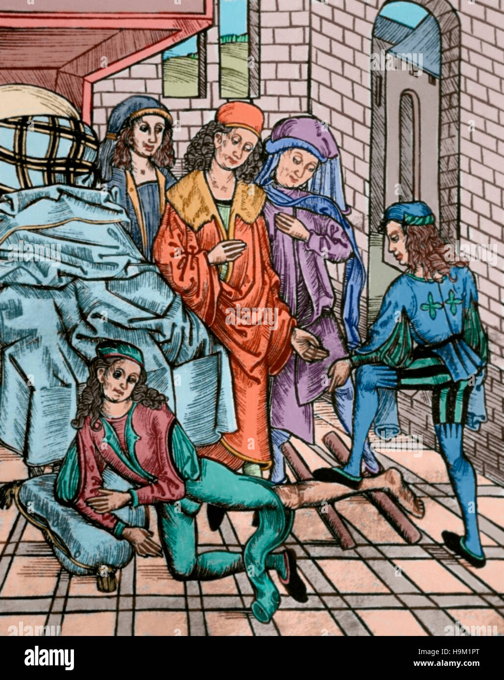 La medicina. Xv secolo. Il trattamento di una gamba fratturata osso. Xilografia in 'Dies ist das buch der chirurgia" (questo è il libro della chirurgia). Colorati. Foto Stock