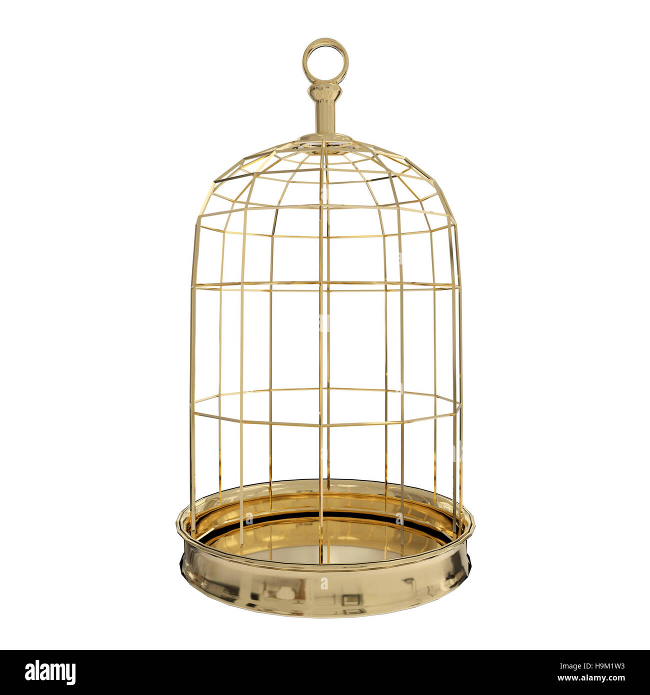 3D rendering di un uccello dorato gabbia su sfondo bianco, il concetto di libertà Foto Stock
