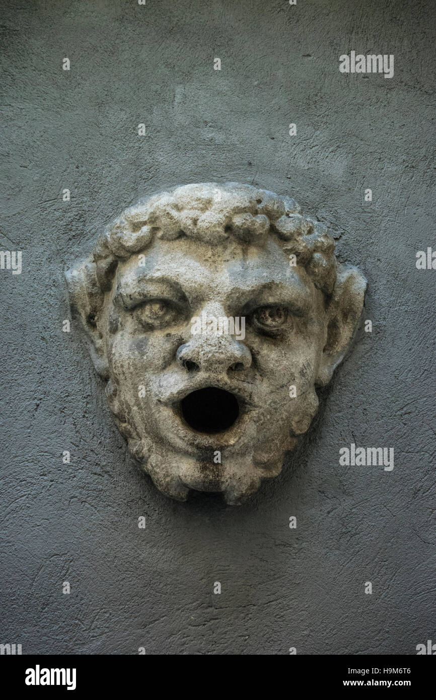 Trattamento viso di pietra figura in un giardino a parete, Città Alta di Bergamo, Italia Foto Stock