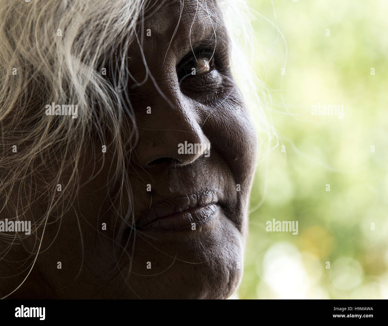 Close up della donna Indiana che vive in un piccolo tempio indù al di fuori Puttaparthi, India Foto Stock