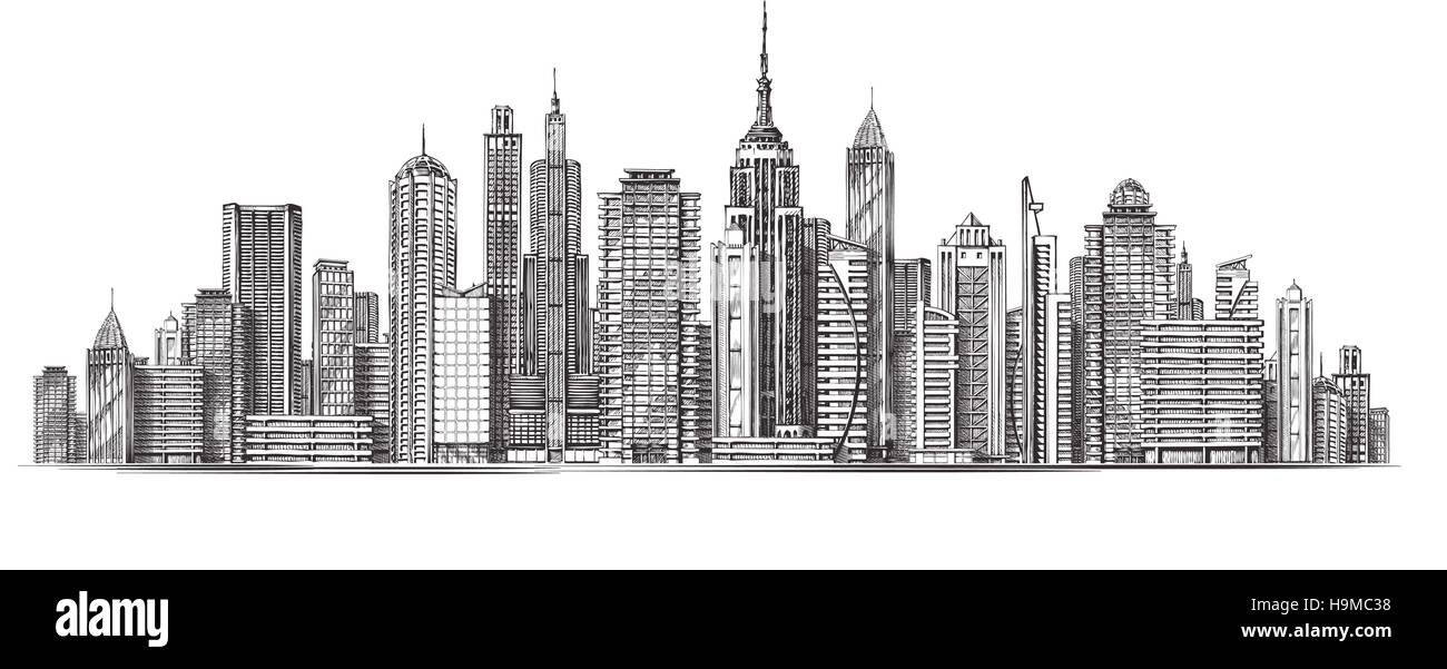 Città. Architettoniche degli edifici moderni in vista panoramica. Schizzo illustrazione vettoriale Illustrazione Vettoriale