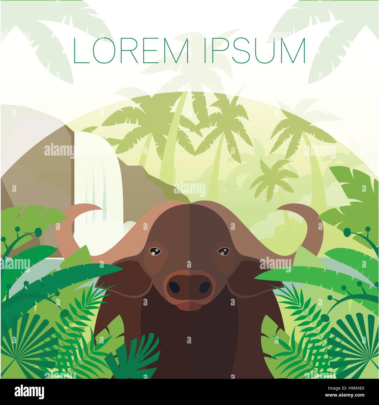 Appartamento immagine vettoriale della Buffalo sullo sfondo della giungla Illustrazione Vettoriale