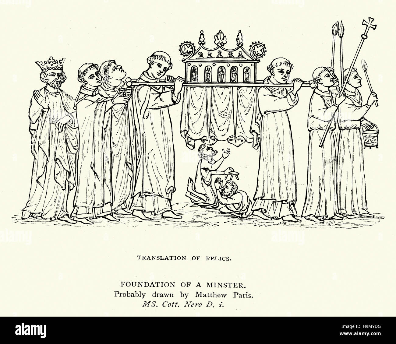 Fondazione di un centro medievale Minster. Re e monaci il trasporto di sante reliquie in uno scrigno. Foto Stock