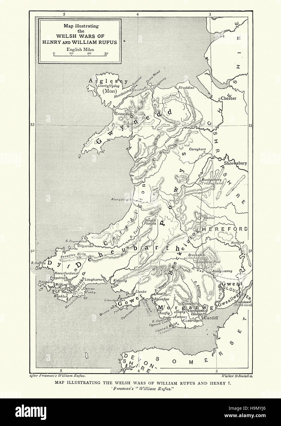 Mappa che illustra il Welsh guerre di William Rufus e il re Enrico I Foto Stock