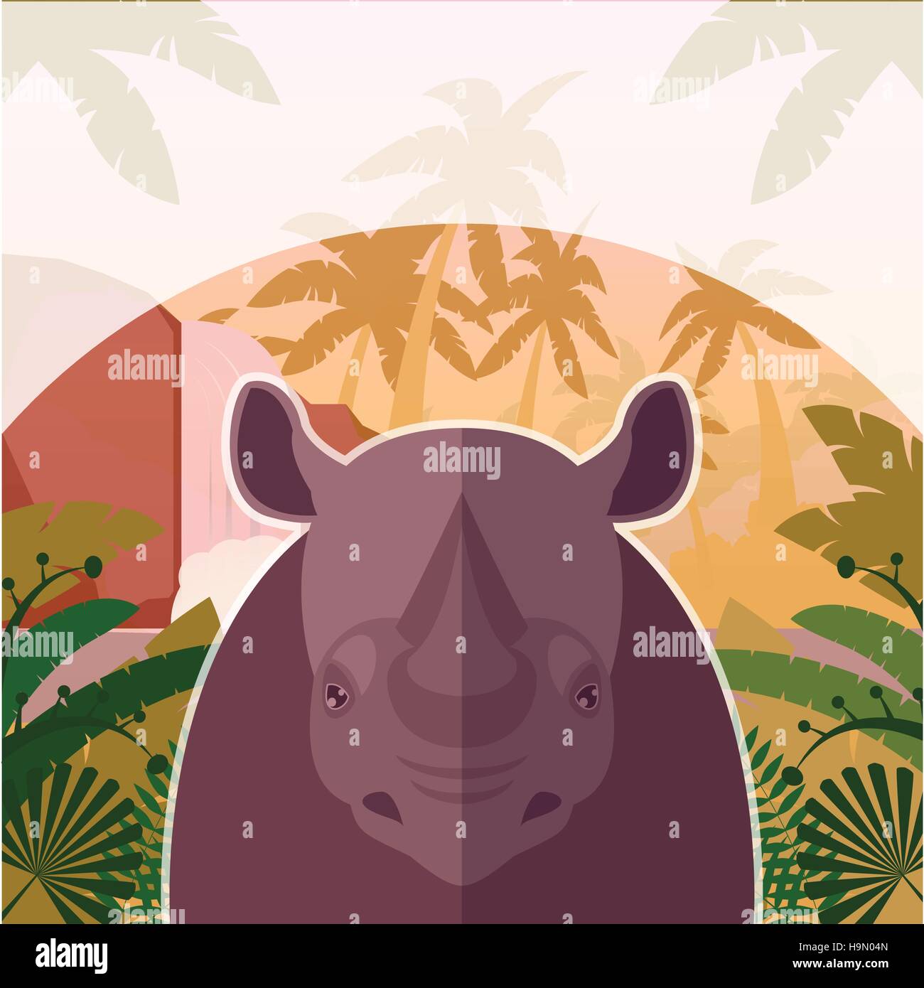 Appartamento immagine vettoriale della Rhino sullo sfondo della giungla Illustrazione Vettoriale