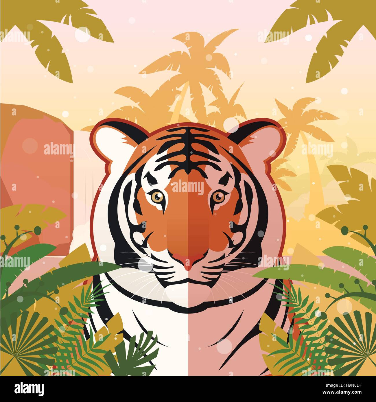 Appartamento immagine vettoriale della tigre sullo sfondo della giungla Illustrazione Vettoriale