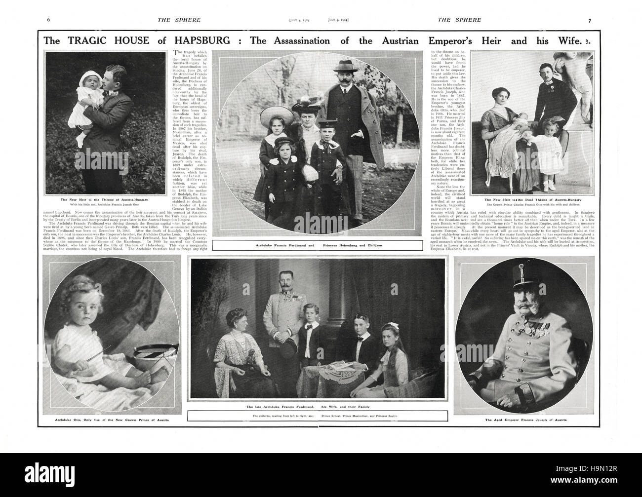 1914 La sfera pagine 6 & 7 Assassinio dell Arciduca Ferdinando Foto Stock