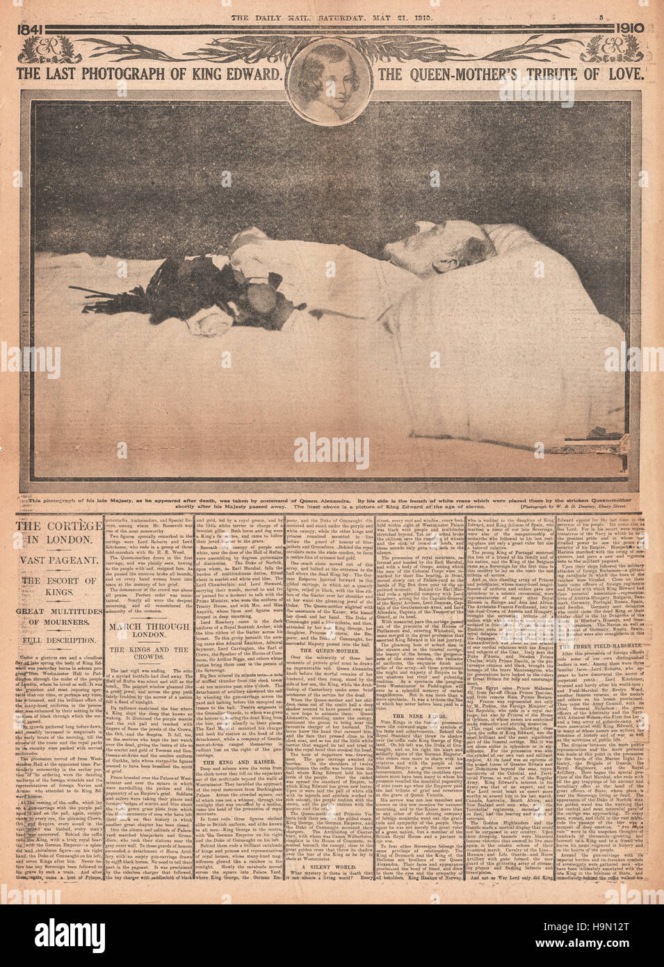 1910 Daily Mail Pagina 5 Il re Edoardo VII sul suo letto di morte Foto Stock