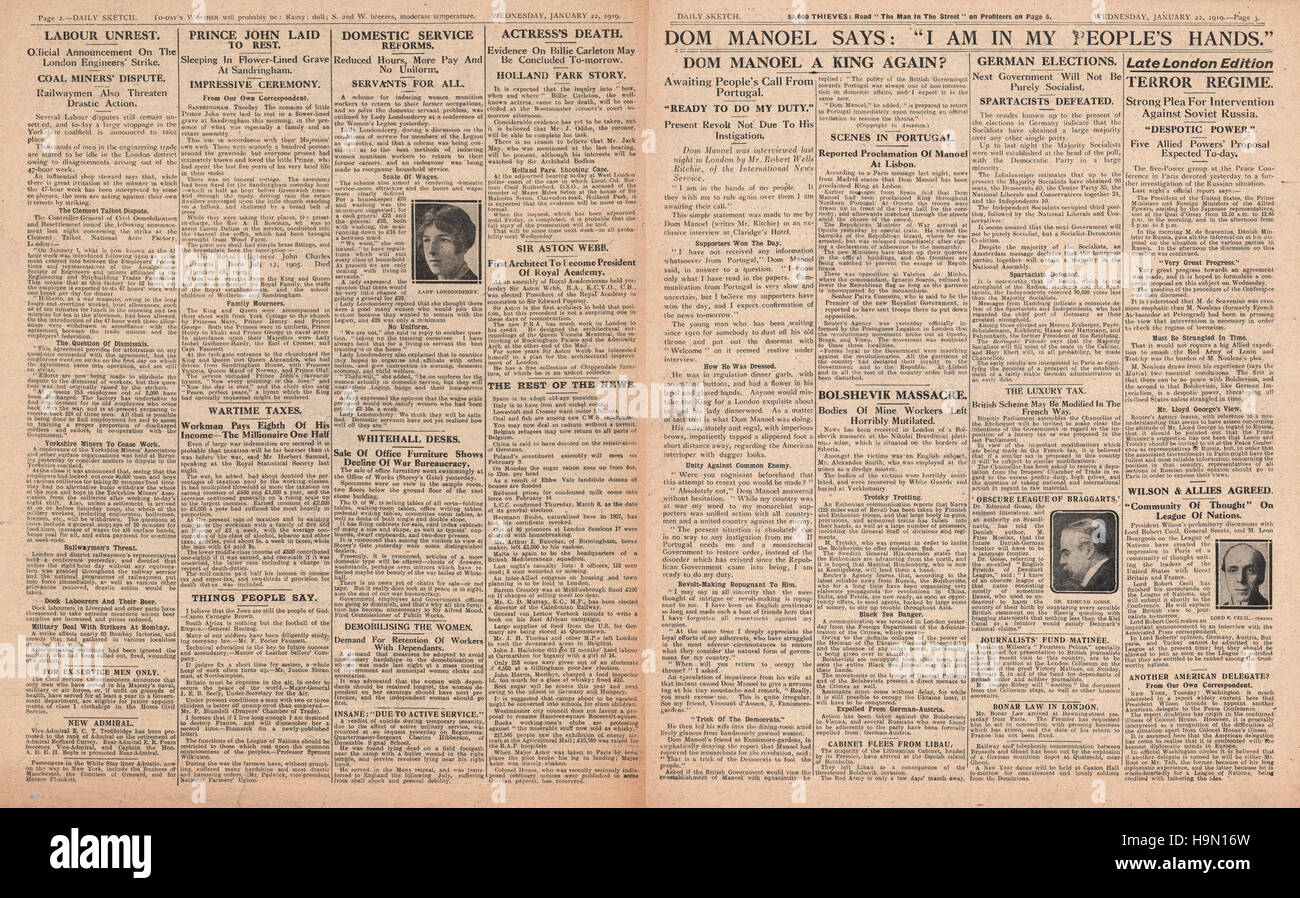 1919 Daily Sketch pagine 2 & 3 Il terrore nella Russia Sovietica e la morte di attrice Billie Carleton Foto Stock