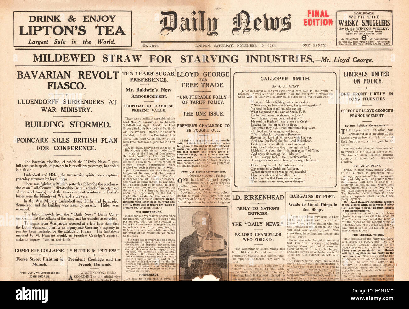 1923 Daily News pagina anteriore segnalato il Putsch di Monaco di Baviera da Adolf Hitler socialista nazionale contro il governo della Baviera Foto Stock