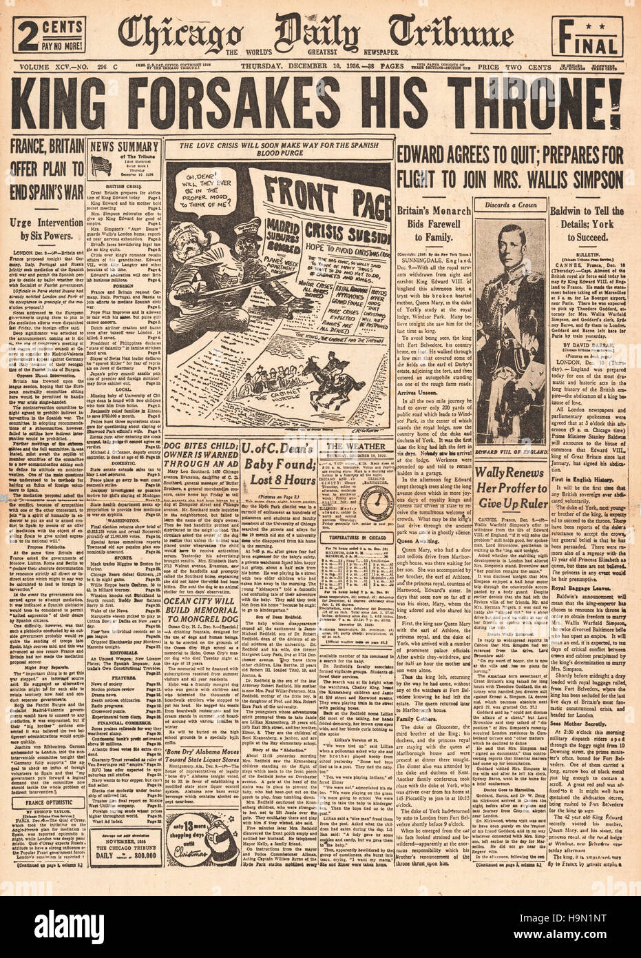 1936 Chicago Tribune quotidiano pagina anteriore reporting Abdicazione del re Edward VIII Foto Stock