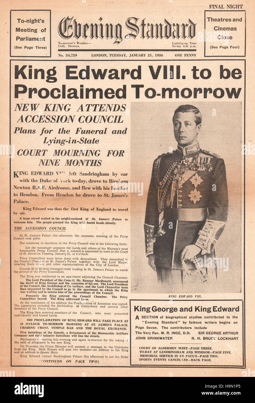 1936 l'Evening Standard [Londra] pagina anteriore reporting Edward VIII proclamato re Foto Stock
