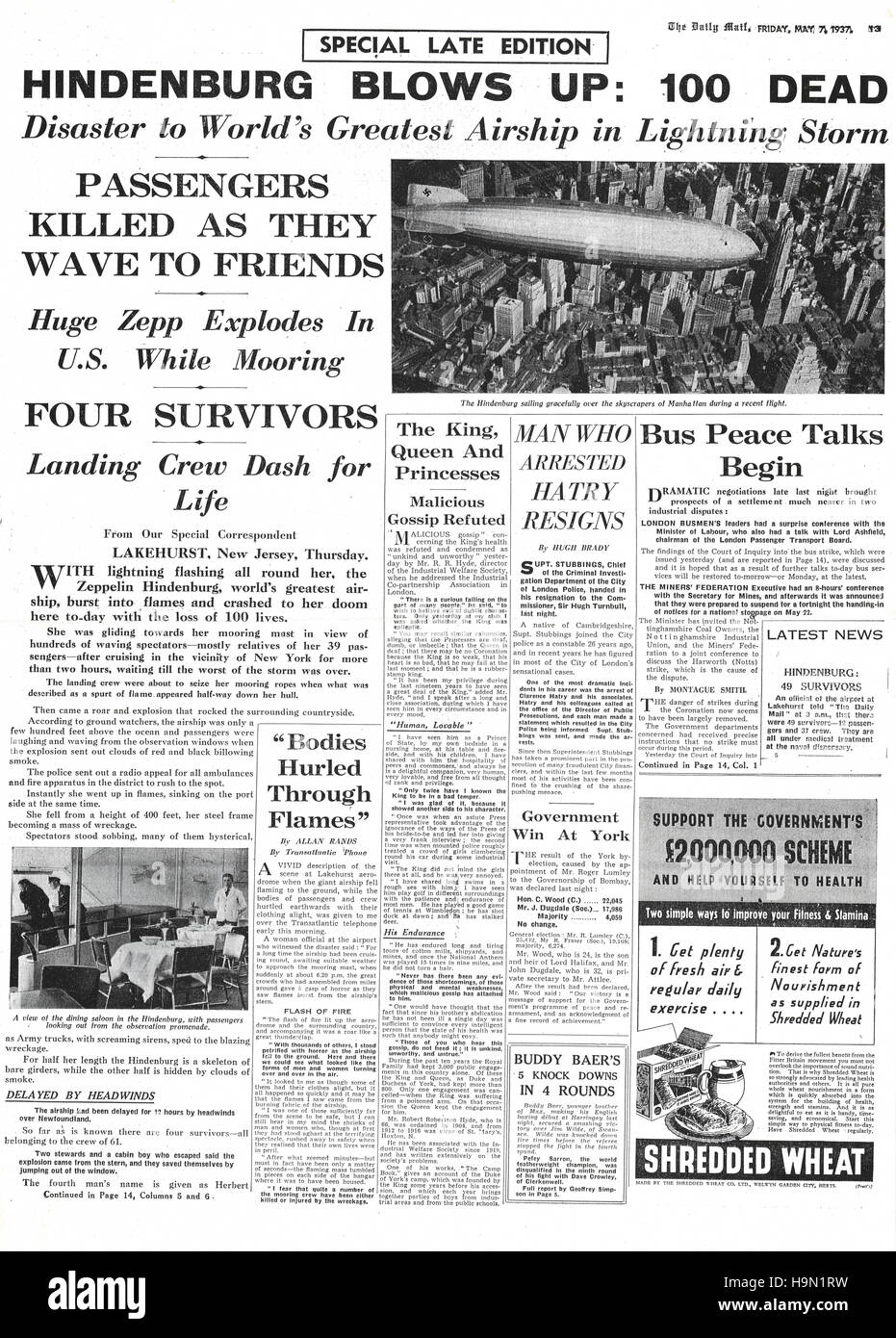 1937 Daily Mail pagina 5 segnalato la zeppelin Hindenburg disastro di Lakehurst, New Jersey Foto Stock