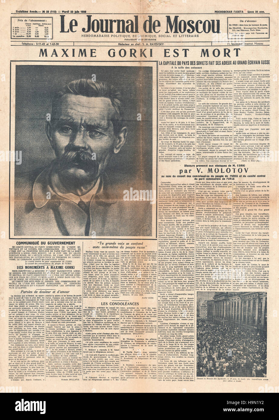 Le Journal de Moscou pagina anteriore della morte di Maxim Gorky Foto Stock