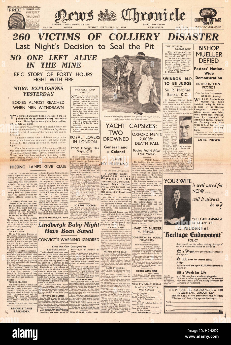 1934 Domenica cronaca pagina anteriore Onchan Colliery catastrofe mineraria Foto Stock
