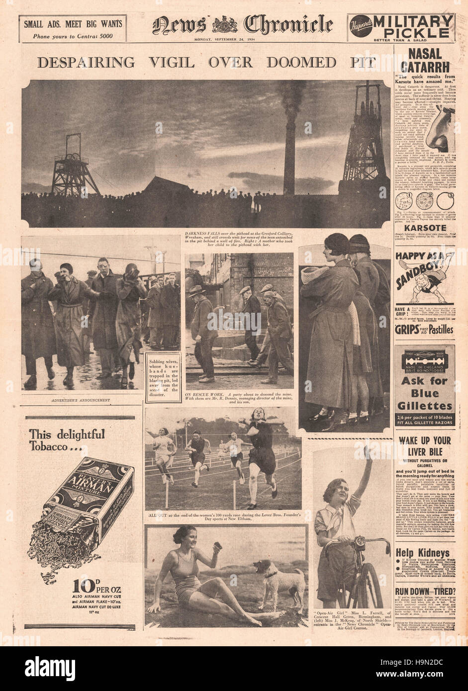 1934 Domenica cronaca indietro pagina Onchan Colliery catastrofe mineraria Foto Stock