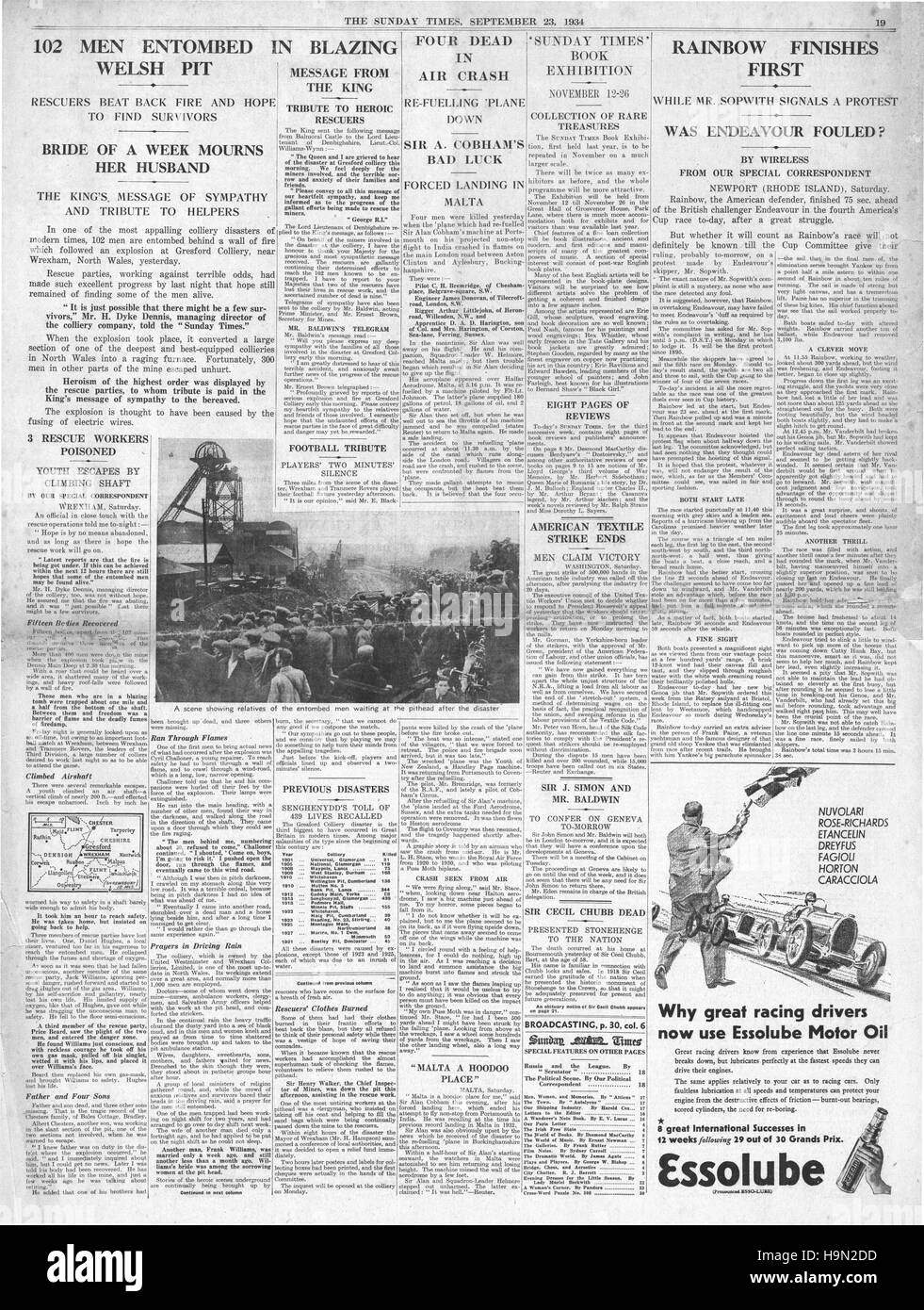 1934 Sunday Times pagina 19 Onchan Colliery catastrofe mineraria Foto Stock