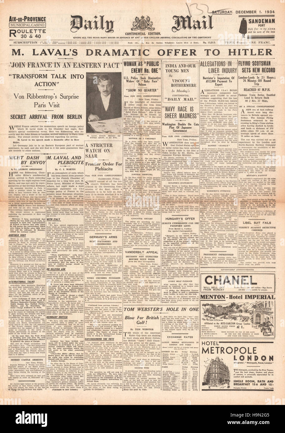 1934 Daily Mail front page Francia patto rendono speciali per la Germania Foto Stock