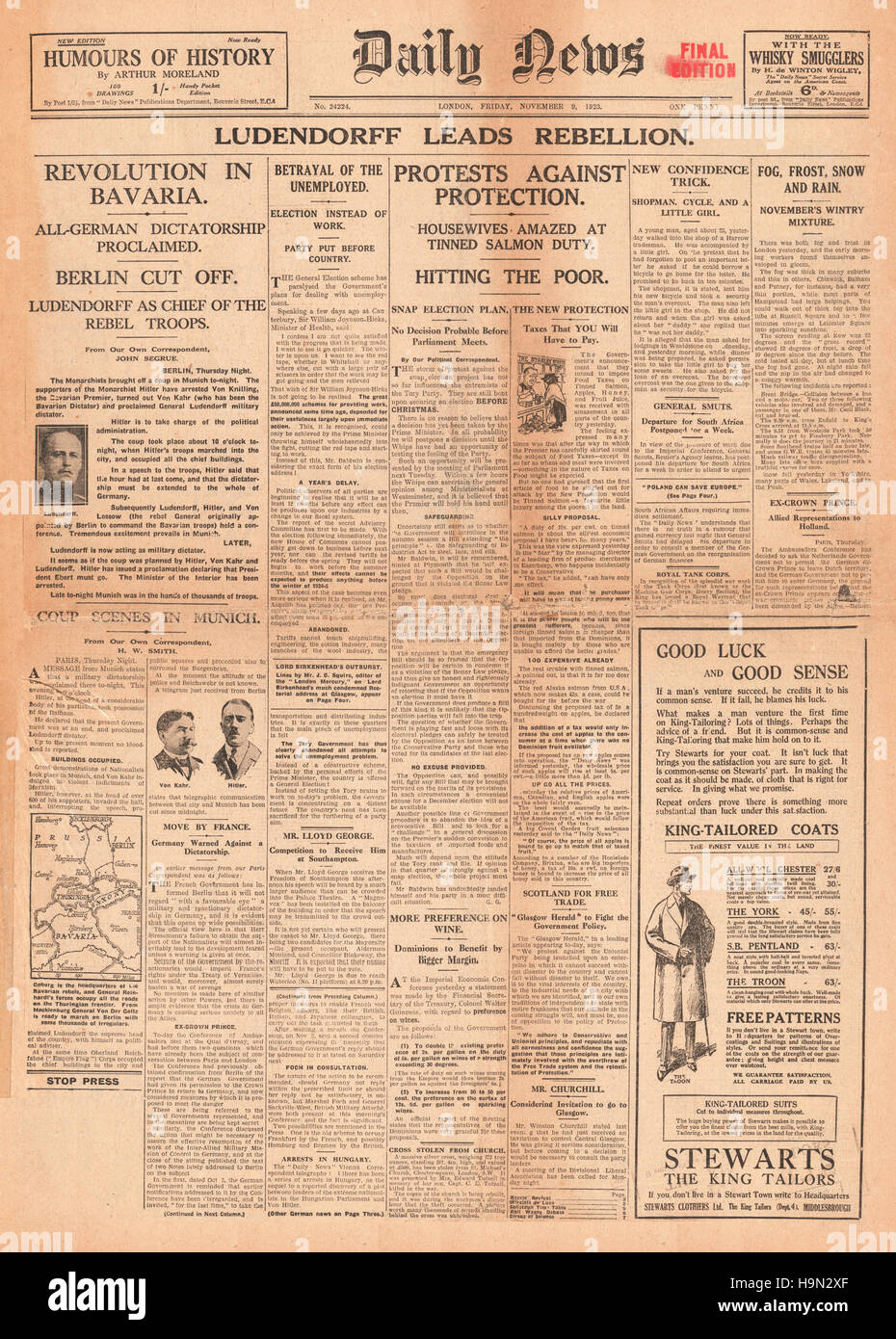 1923 Daily News pagina anteriore segnalato il Putsch di Monaco di Baviera da Adolf Hitler socialista nazionale contro il governo della Baviera Foto Stock