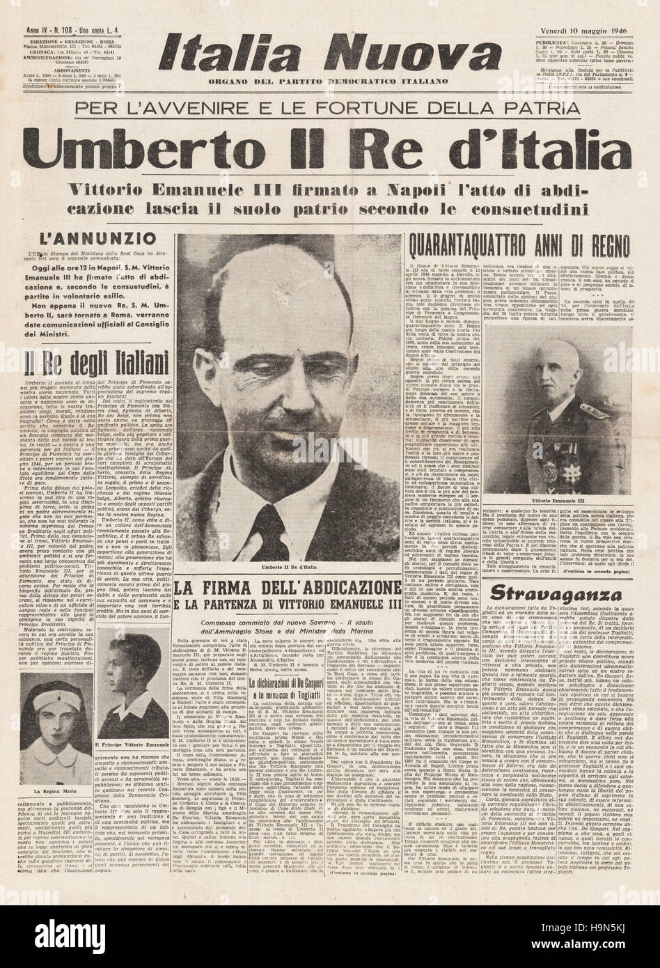1946 Italia Nuova pagina anteriore Umberto II diventa re d Italia dopo l'abdicazione di Vittorio Emanuele III Foto Stock