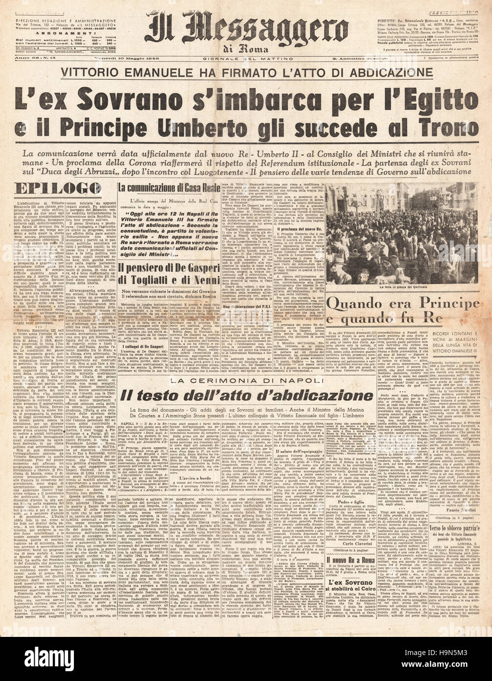 1946 Il Messaggero pagina anteriore Umberto II diventa re d Italia dopo l'abdicazione di Vittorio Emanuele III Foto Stock