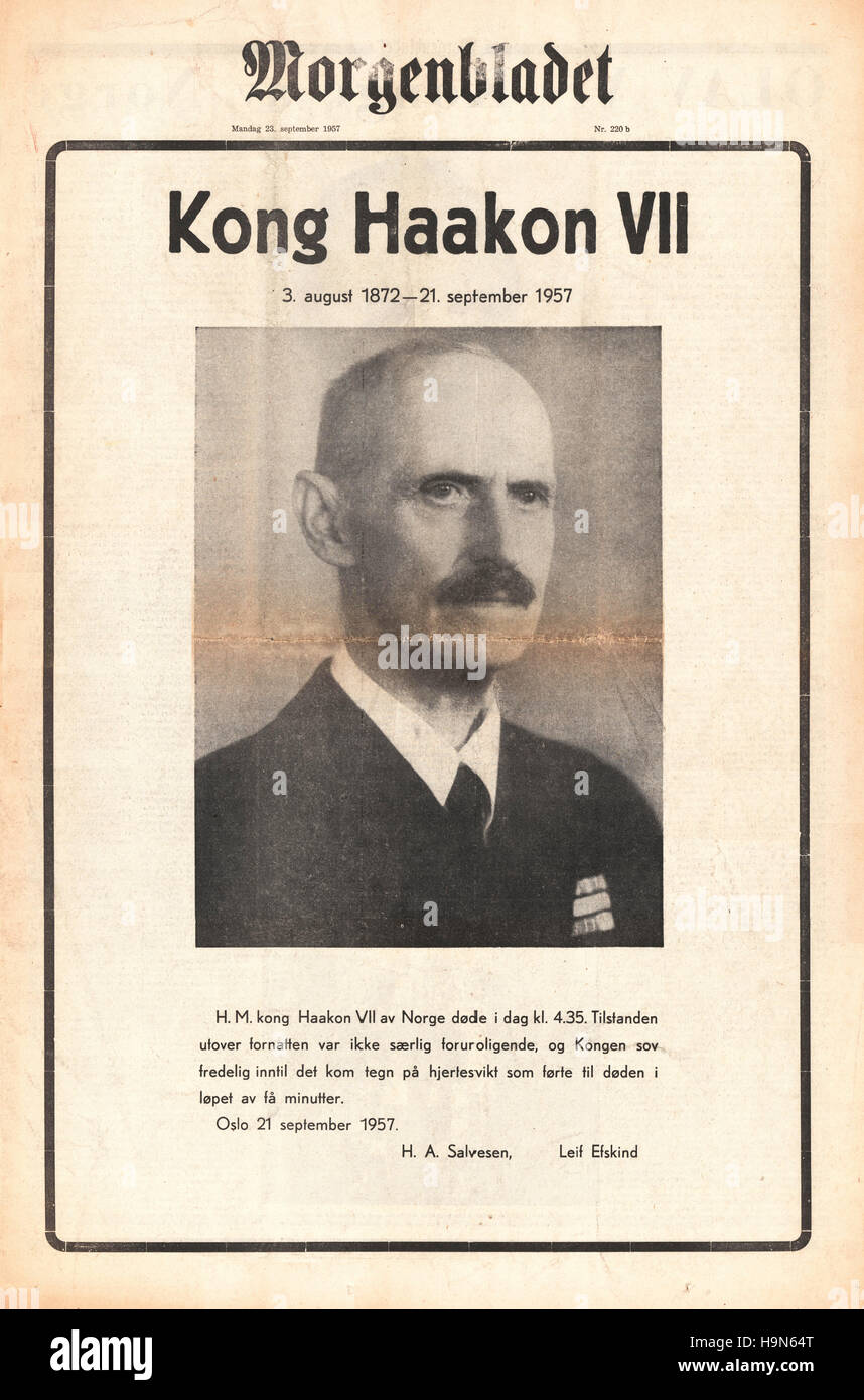 1957 Morgenbladet (Norvegia) pagina di fronte alla morte del re Haakon VII Foto Stock 1957 Morgenbladet (Norvegia) pagina di fronte alla morte del re Haakon VII Foto Stock