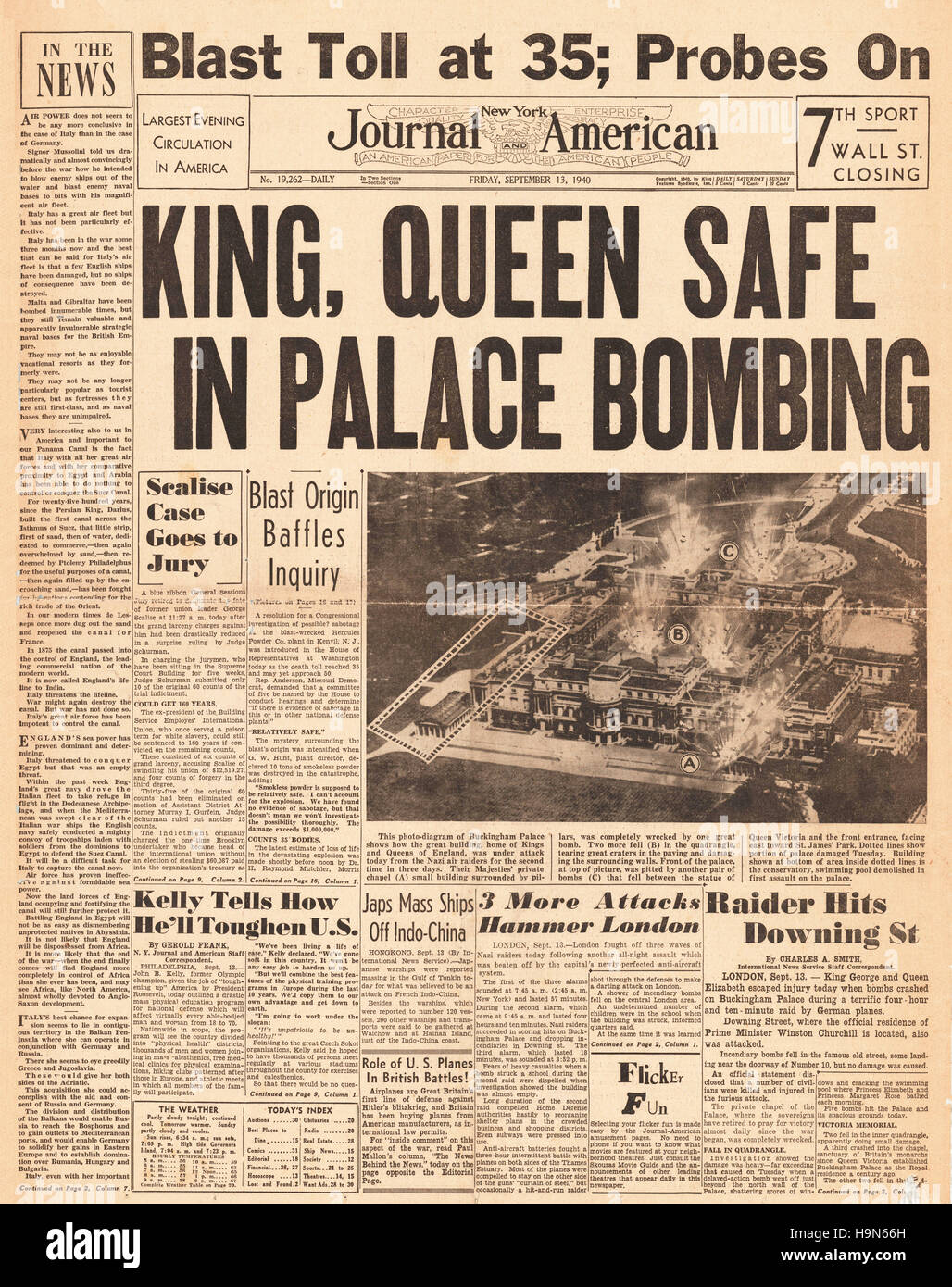 1940 Il New York Journal American front page Buckingham Palace ha bombardato in aria raid su Londra Foto Stock