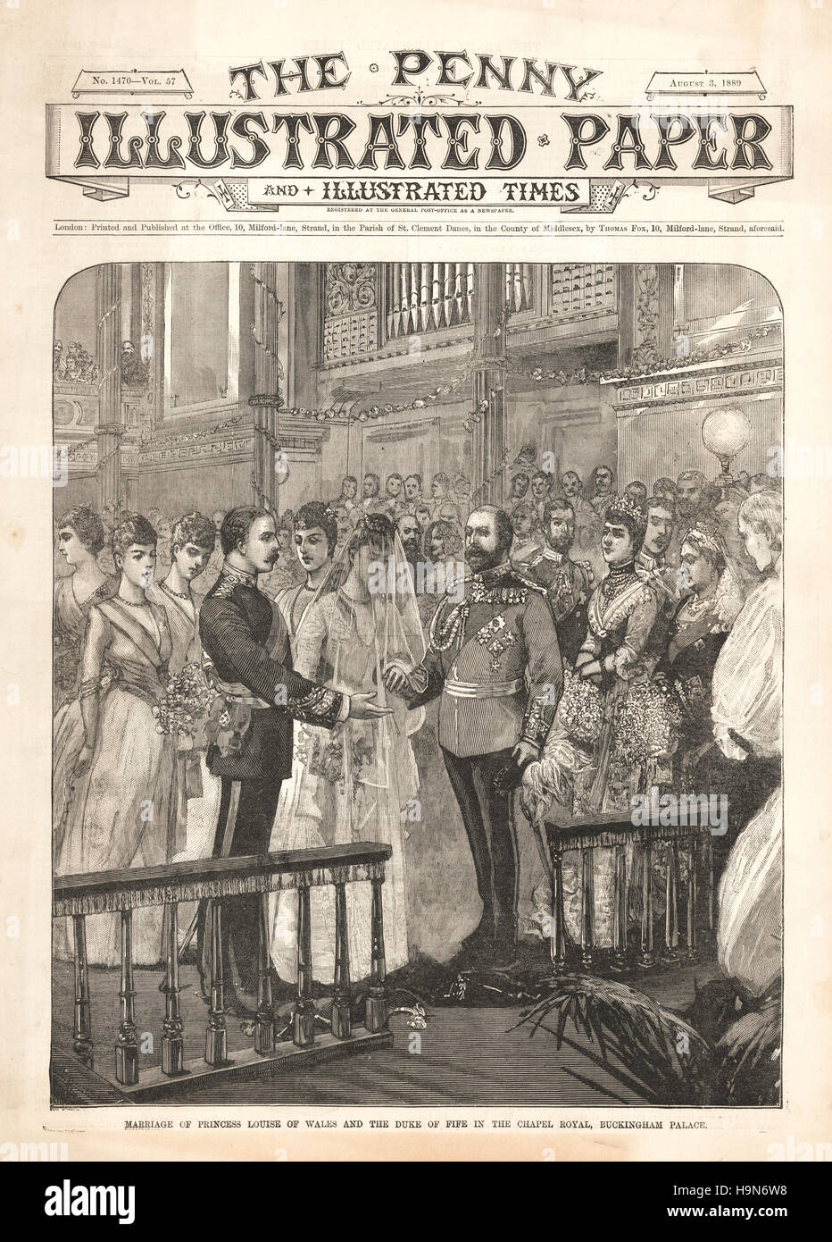1889 Penny illustrato Carta pagina anteriore matrimonio della Principessa Luisa del Galles e del Duca di Fife presso la cappella reale, Buckingham Palace Foto Stock
