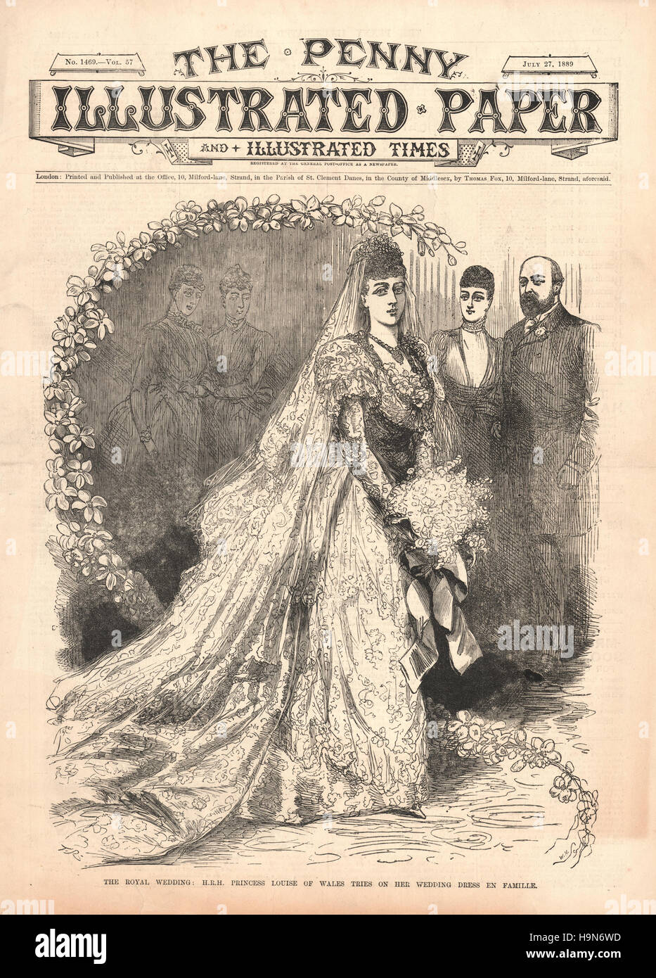 1889 Penny illustrato Carta pagina anteriore matrimonio della Principessa Luisa del Galles e del Duca di Fife presso la cappella reale, Buckingham Palace Foto Stock