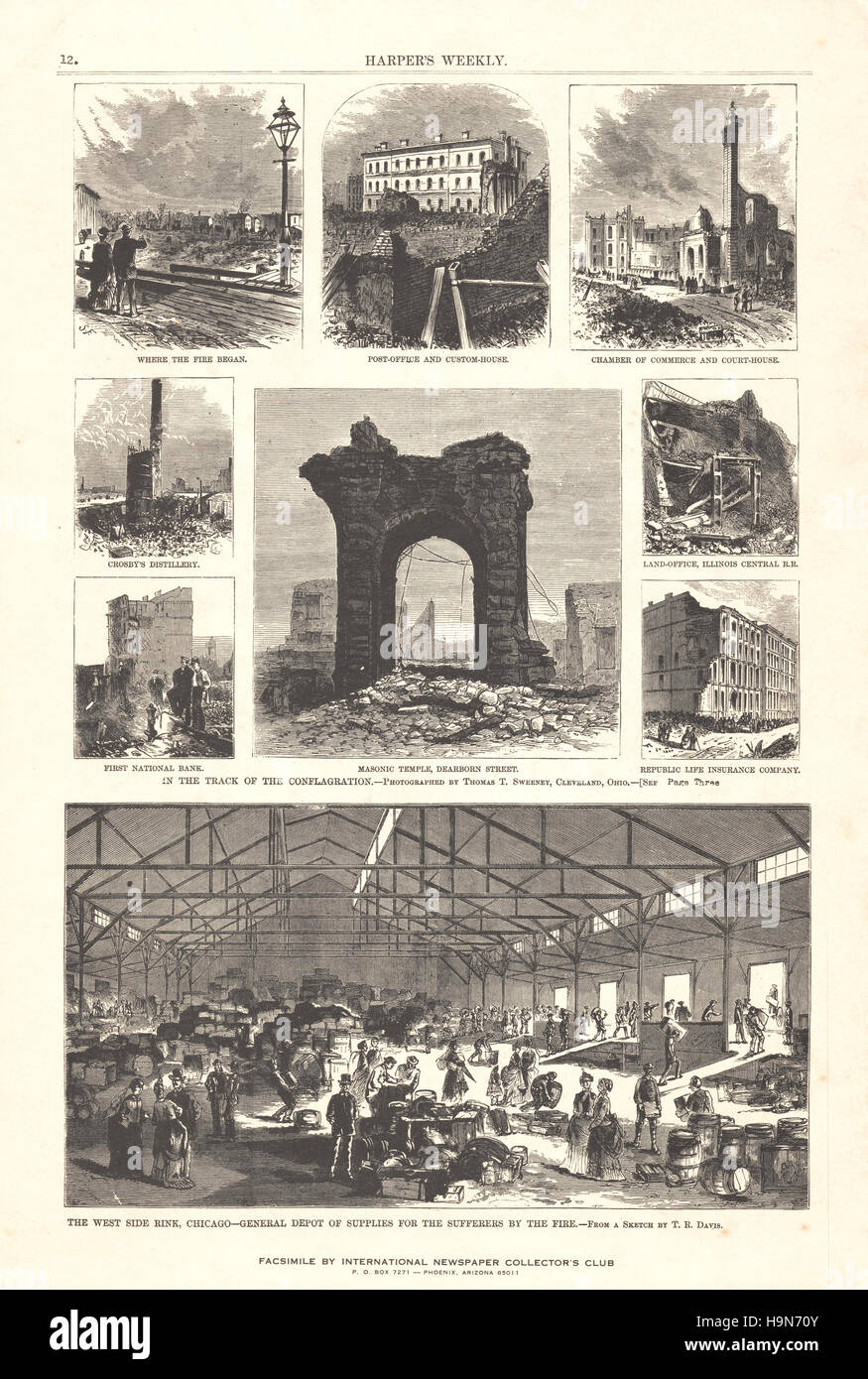 1871 Harper's Weekly indietro pagina Grande incendio di Chicago Foto Stock