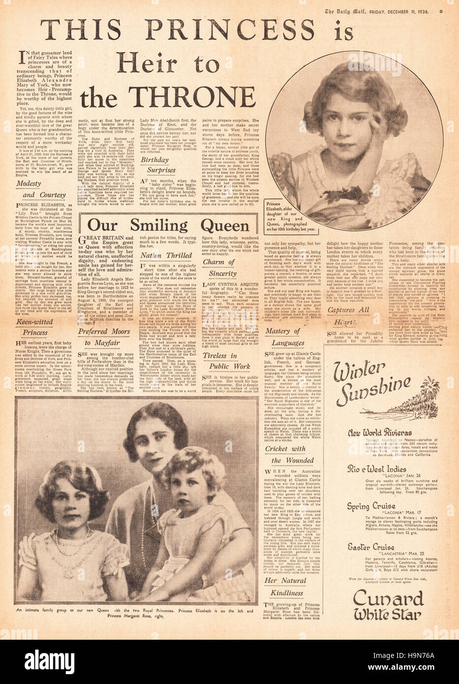 1936 Daily Mail pagina 9 la principessa Elisabetta, erede al trono Foto Stock