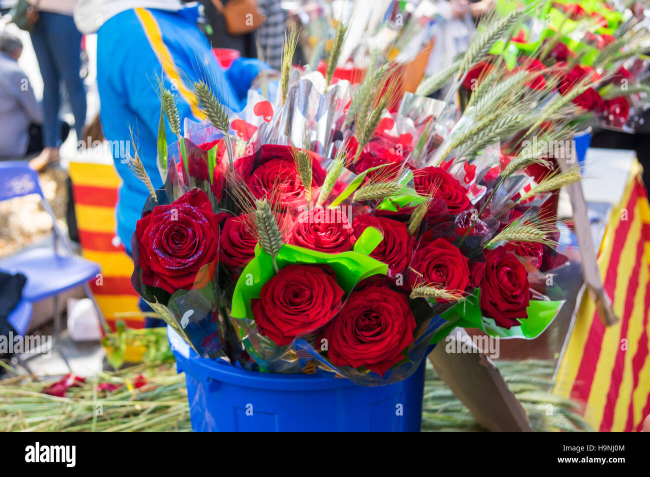 Rose rosse per la vendita su Diada de Sant Jordi (Saint George's day), 23 aprile, a Barcellona, in Catalogna, Spagna. Foto Stock