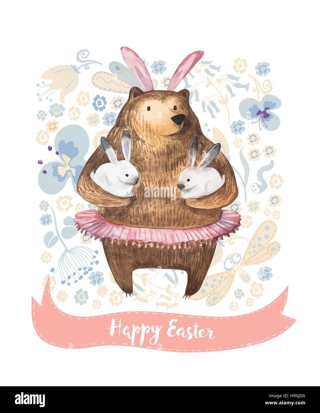 Cartoon carino sostenere tenendo due piccoli coniglietti su uno sfondo floreale con minuscoli fiori. Disegnato a mano illustrazione ad acquerello. Felice Pasqua Wintage Card. Illustrazione Vettoriale