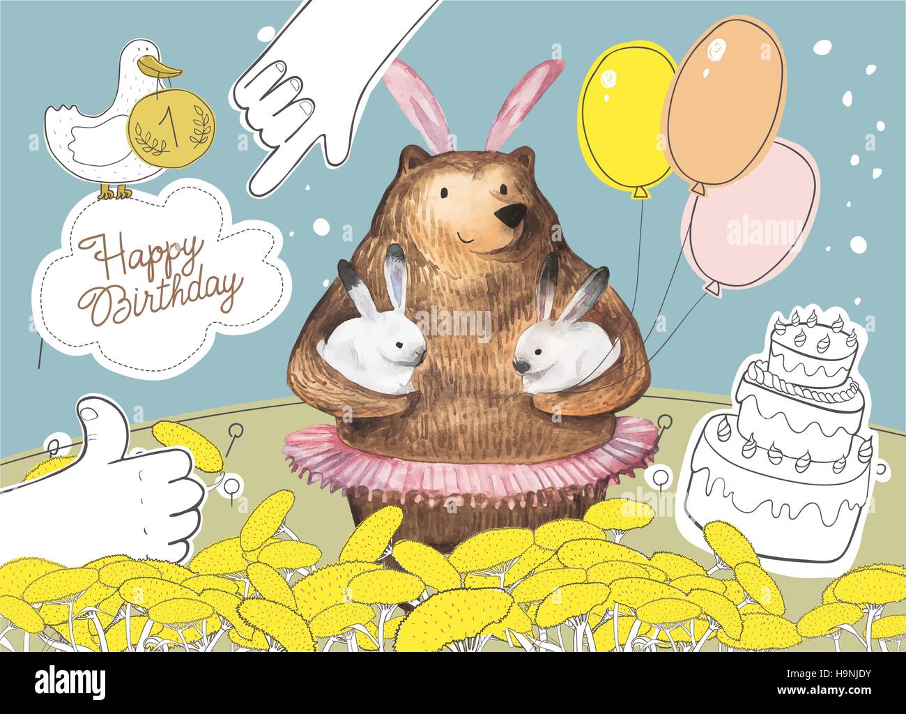 Cartoon carino orso con i palloncini tenendo due piccoli coniglietti. Happy Birthday card design. Disegnato a mano elementi ad acquerello. Illustrazione Vettoriale
