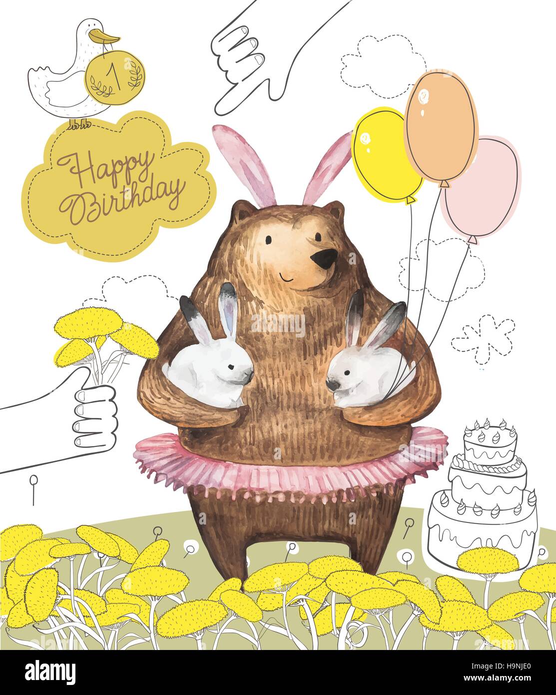 Grazioso uccello e Cartoon carino orso con i palloncini tenendo due piccoli coniglietti. Miss annua carte di progettazione. Disegnato a mano elementi ad acquerello. Illustrazione Vettoriale