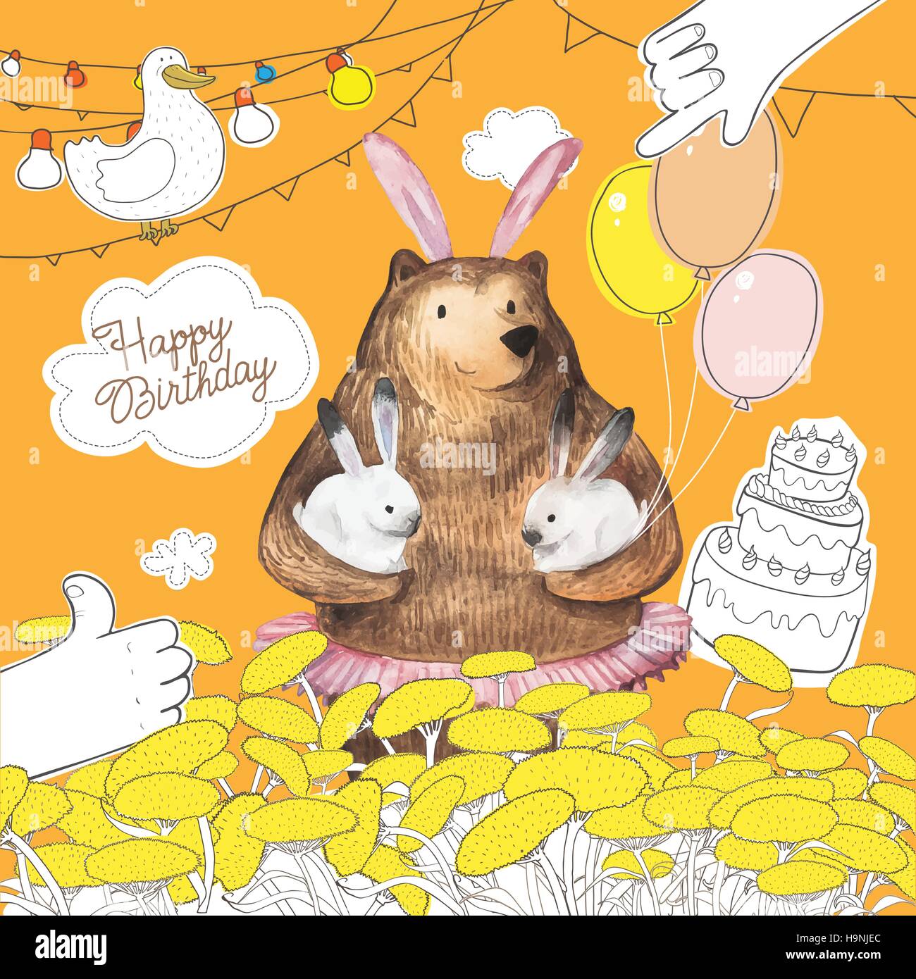 Cartoon carino orso con i palloncini tenendo due piccoli coniglietti. Happy Birthday card design. Disegnato a mano elementi ad acquerello. Illustrazione Vettoriale