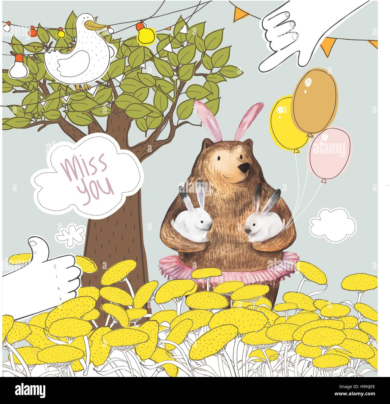 Grazioso uccello e Cartoon carino Orso con i palloncini tenendo due piccoli coniglietti. Miss you card design. Disegnato a mano elementi ad acquerello. Illustrazione Vettoriale