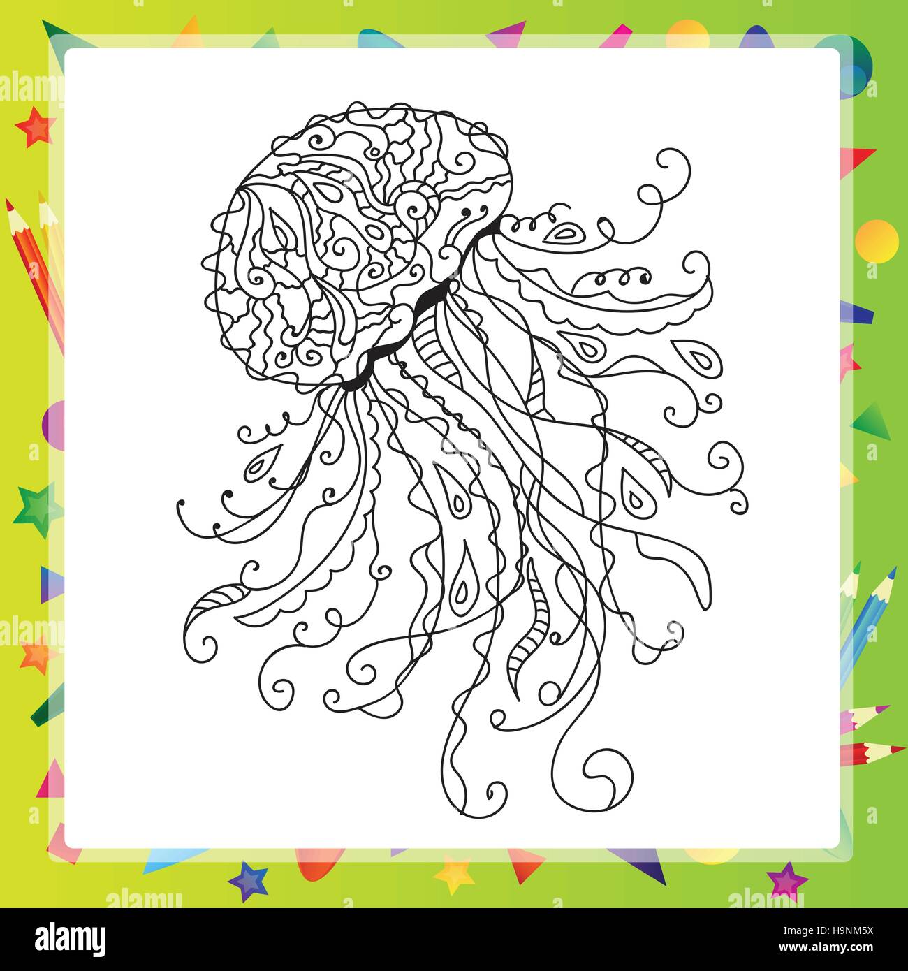 Disegnato a mano mare artistico Medusa per colorare le pagine in doodle, zentangle style Illustrazione Vettoriale