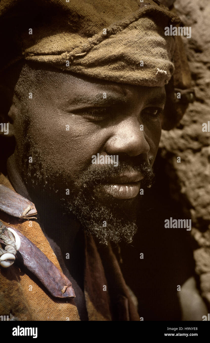 Gommo, Mali, Africa - Gennaio 26, 1992: villaggio Dogon, tipico degli edifici di fango con tempio animisti e le stalle per i cereali, testa di villaggio Foto Stock