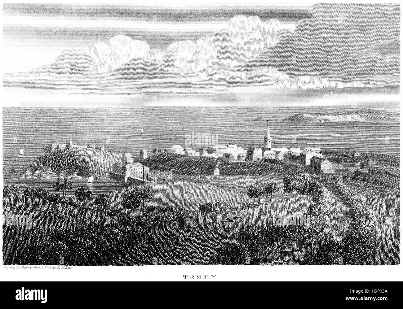 Una incisione di Tenby, Pembrokeshire scansionati ad alta risoluzione da un libro stampato in 1812. Ritiene copyright free. Foto Stock