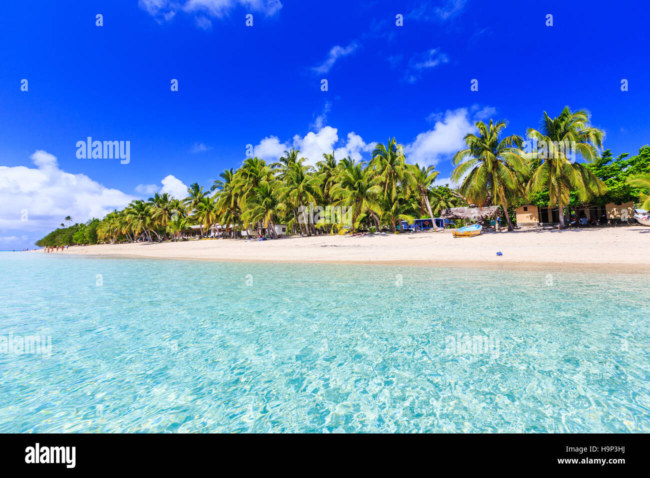 Spiaggia su un'isola tropicale con chiare acque blu. Dravuni Island, Fiji. Foto Stock
