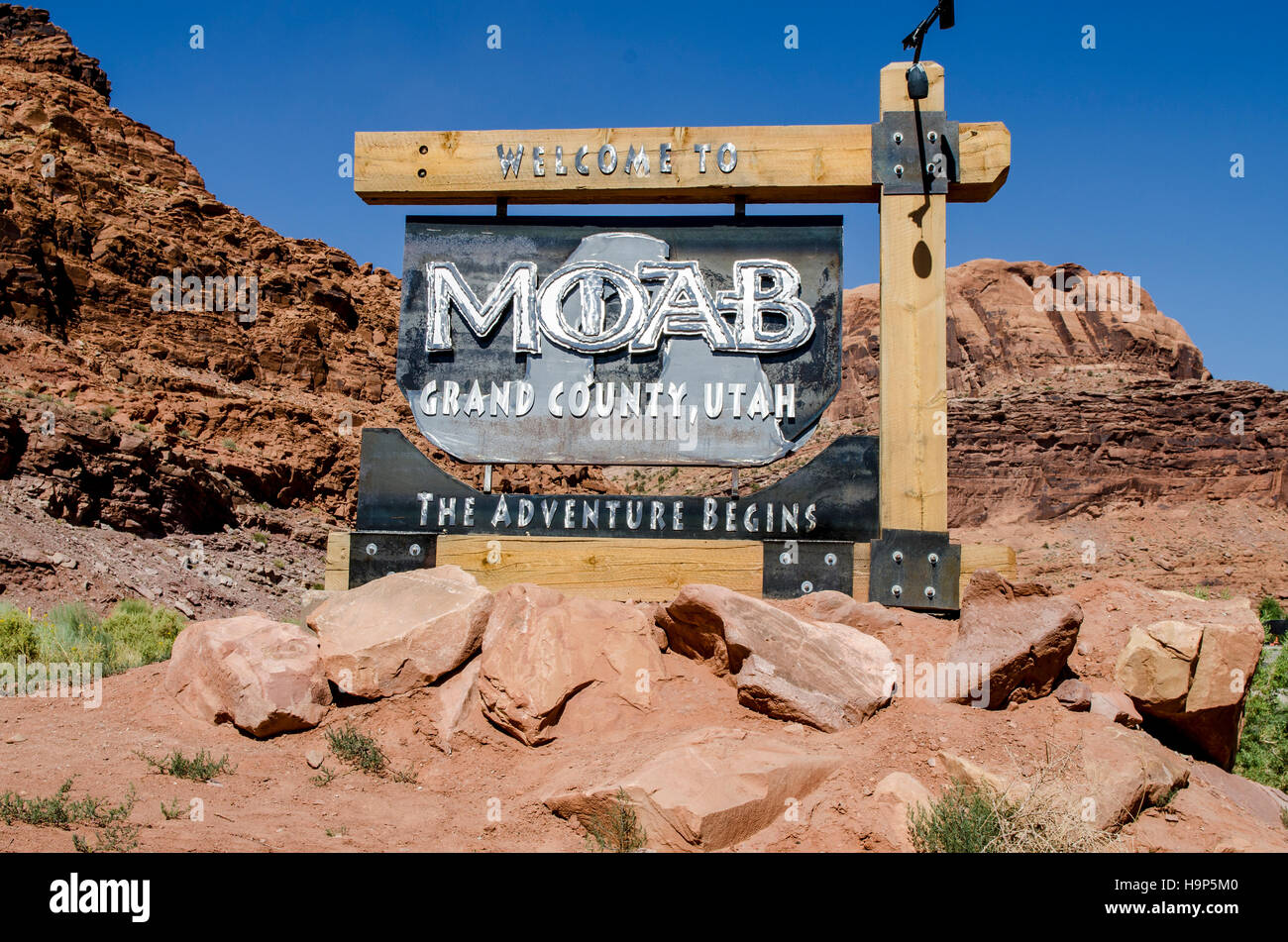 Cartello di benvenuto Moab Grand Country, la capitale dell'avventura degli Stati Uniti, Utah, USA. Foto Stock