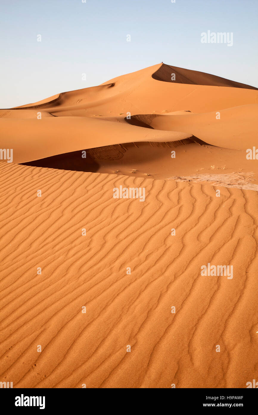 Due ragazzi della distanza sulla sommità di una duna di sabbia nel deserto del Sahara dune. Foto Stock