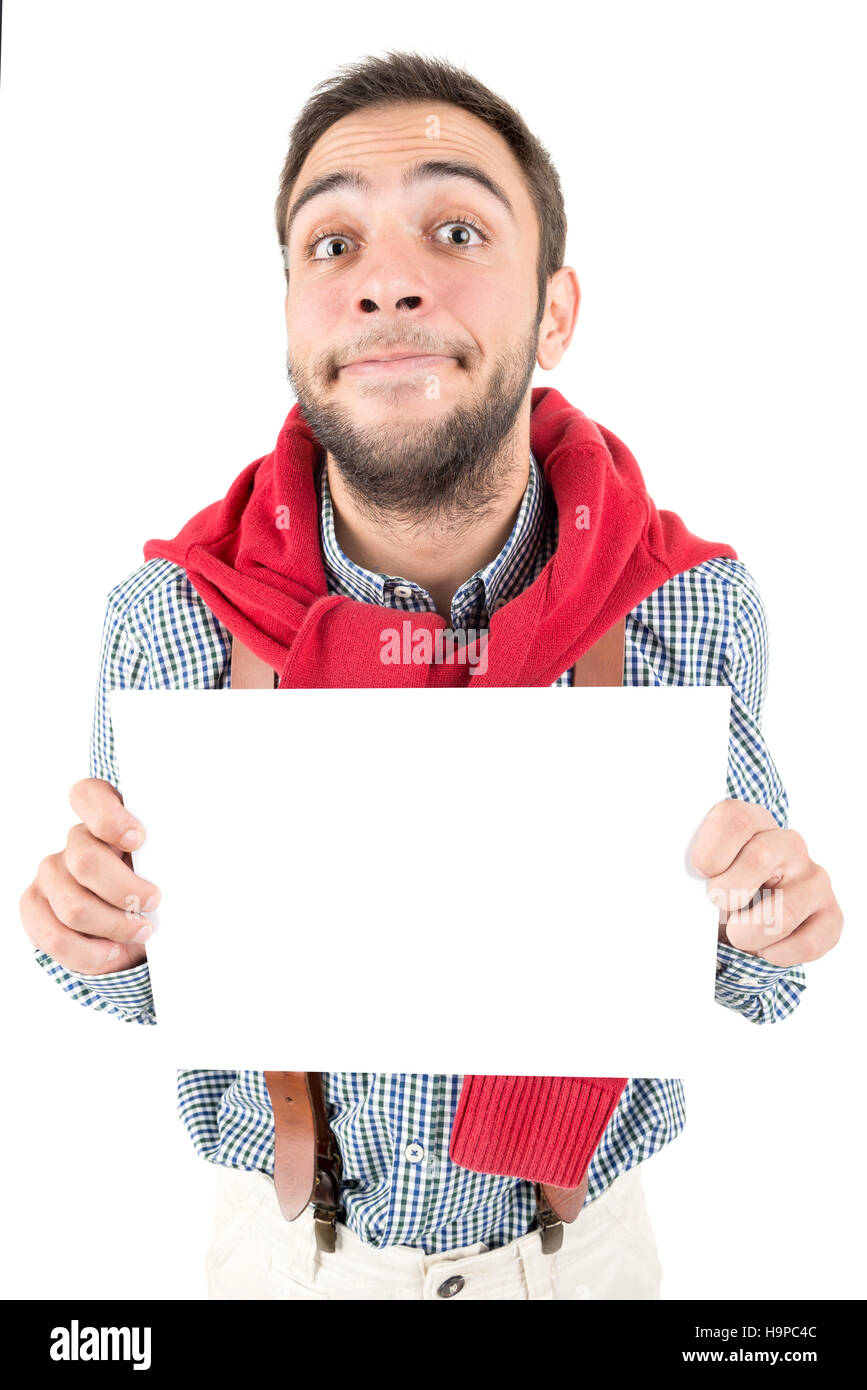 Happy nerd che posano con blank board isolato in uno sfondo bianco Foto Stock