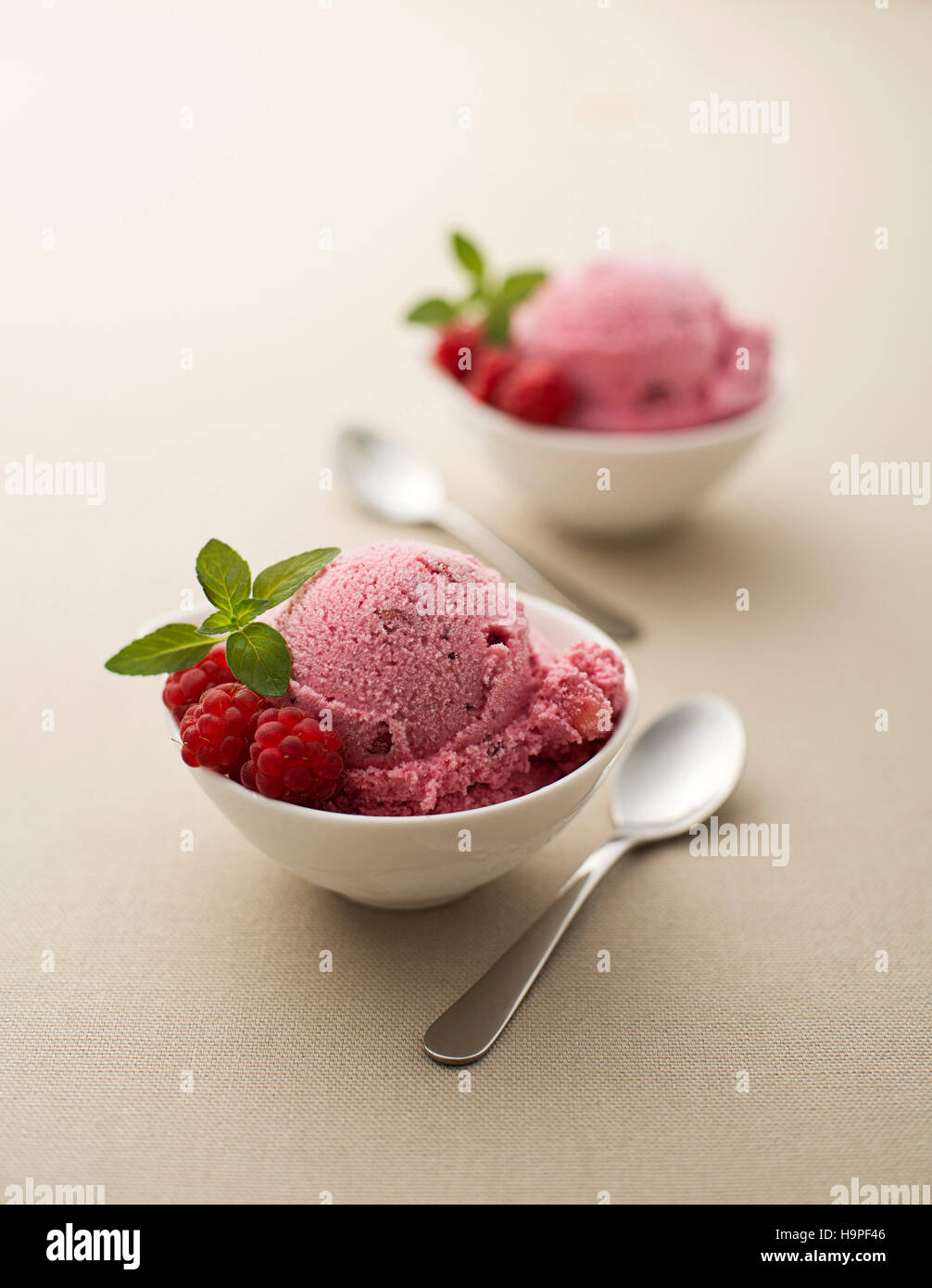 Fresco gelato al lampone con la menta vicino fino Foto Stock