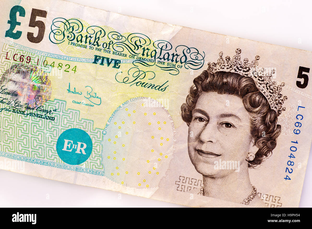 British cinque pound nota, vecchia versione della carta in circolazione fino al 2016 Foto Stock